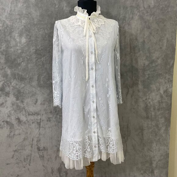 Free People Dresses & Skirts - Chibi White Button Shirt Dress XS blue LS Lace Ruffle Coquette Victorian Dainty